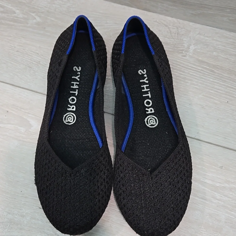 Rothy's Women Black Knit Ballet Flats with Blue Trim Shoes Sz 9.5